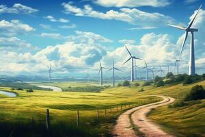 vento turbinas dentro uma Prado. 3d Renderização, ilustração, moinho de vento vento poder eletricidade Fazenda campo, ai gerado foto