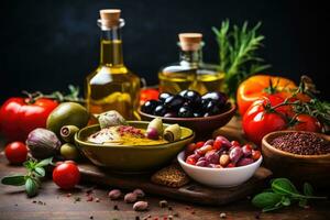 Oliva óleo, azeitonas, tomates e especiarias em de madeira fundo, saudável Comida para equilibrado flexitarista Mediterrâneo dieta conceito, ai gerado foto