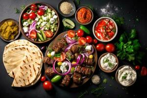 grelhado Kebab com legumes e molhos em Preto fundo. topo visualizar, grego Comida fundo. meze, giroscópios, souvlaki, peixe, Pão Pita, grego salada, tzatziki, sortimento do queijo feta, ai gerado foto