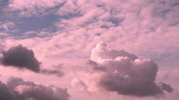 lindo fabuloso Rosa cumulus nuvens dentro a azul céu às pôr do sol. natural fundo foto