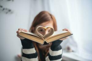 uma menina é segurando uma livro. em forma de coração Páginas. leitura, sabendo, Aprendendo foto