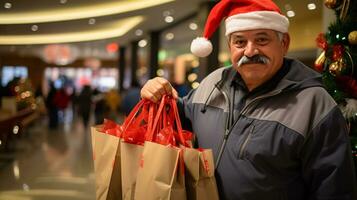 ai generativo pessoas do diferente etnia, era e gênero segurando Natal compras presente bolsas dentro Shopping todos sobre a mundo foto