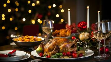 ai generativo Natal jantar mesa, belas decorado com cremoso bokeh Natal luzes dentro a fundo foto