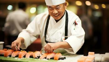 uma chefe de cozinha é preparando Sushi em uma corte borda ai gerado foto