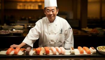 uma chefe de cozinha é preparando Sushi em uma corte borda ai gerado foto