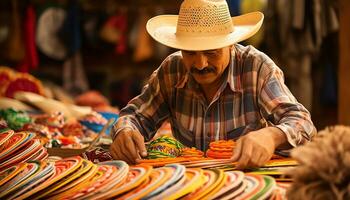 uma homem dentro uma chapéu é trabalhando em uma mesa com colorida chapéus ai gerado foto