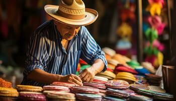 uma homem dentro uma chapéu é vendendo colorida Itens ai gerado foto