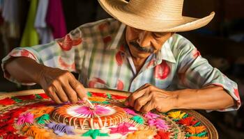 uma homem dentro uma chapéu é trabalhando em uma mesa com colorida chapéus ai gerado foto