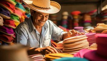 uma homem dentro uma chapéu é vendendo colorida Itens ai gerado foto