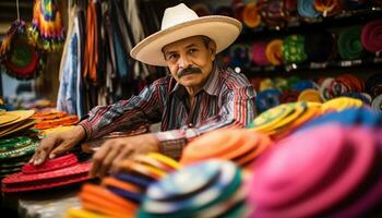 uma homem dentro uma chapéu é vendendo colorida Itens ai gerado foto