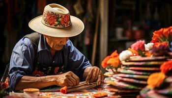 uma homem dentro uma chapéu é vendendo colorida Itens ai gerado foto