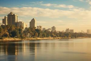 Visão do a Nilo rio dentro luxo, Egito, África, panorama em Cairo, Beira-Mar do Nilo rio, ai gerado foto