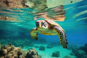 havaiano verde mar tartaruga natação dentro a profundo azul oceano, verde mar tartaruga natação dentro turquesa mar água, embaixo da agua foto, ai gerado foto
