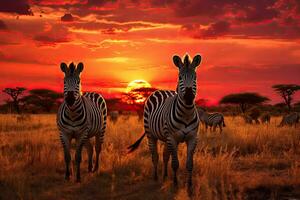 zebras dentro a savana às pôr do sol, namíbia, África, rebanho do zebras dentro a savana às pôr do sol, ai gerado foto