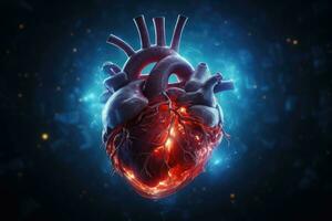 humano coração anatomia em azul fundo. 3d Renderização com DOF, humano coração em azul fundo. 3d Renderização, 3d ilustração, ai gerado foto