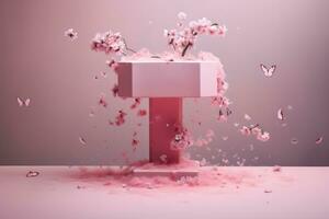 Rosa pedestal com cereja flores e borboletas, 3d renderizar, Cosmético pedestal, Rosa pódio com sakura pétalas, ai gerado foto