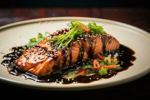 salmão teriyaki com sésamo sementes em uma Preto fundo, salmão soja molho refeição, ai gerado foto