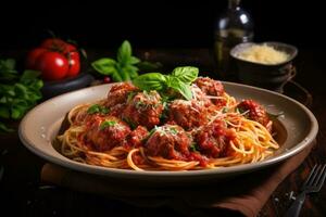 espaguete massa com almôndegas dentro tomate molho e manjericão folhas, espaguete com tomate molho e almôndegas, ai gerado foto