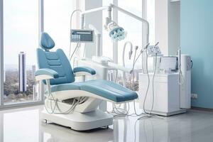 interior do moderno dental clínica com azul cadeira e equipamento. 3d Renderização, dentista cadeira dentro a dental escritório. odontologia conceito, ai gerado foto