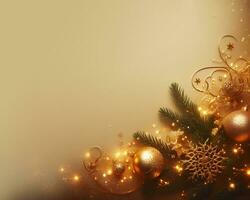 dourado Natal fundo com abeto árvore, dourado bolas, presente caixas e decorações. ai generativo foto