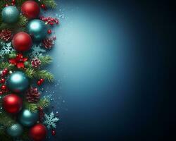 azul Natal fundo com bolas e abeto filial, decorações e flocos de neve, Natal saudações brincar. ai generativo foto