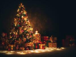 Natal árvore com apresenta e luzes em Sombrio fundo, Natal saudações brincar. ai generativo foto