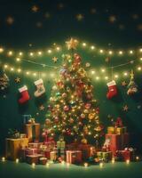 Natal árvore com apresenta e luzes em verde fundo, Natal saudações brincar. ai generativo foto