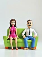 uma 3d brinquedo desenho animado homem sentado dentro poltrona e mulher em pé Próximo para ele em uma branco fundo. ai gerado foto