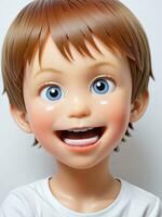 uma 3d brinquedo Garoto fazer uma engraçado face em uma branco fundo. ai gerado foto