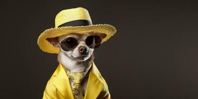 legal olhando chihuahua cachorro vestindo funky moda vestir. espaço para texto certo lado. generativo ai foto