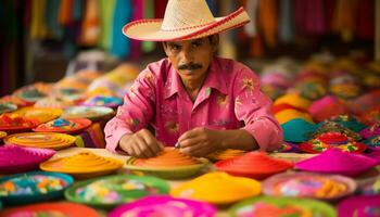 uma homem dentro uma colorida chapéu é trabalhando em uma chapéu ai gerado foto