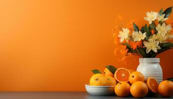 uma vaso com alguns seco plantas e laranjas em uma mesa ai gerado foto