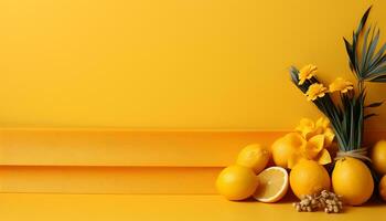 limão e flores em amarelo fundo ai gerado foto