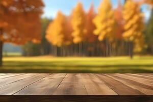 madeira mesa produtos apresentação com borrado outono fundo de ai generativo foto