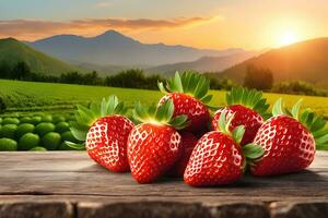 pilha do morangos em mesa com morango campo fundo de ai generativo foto