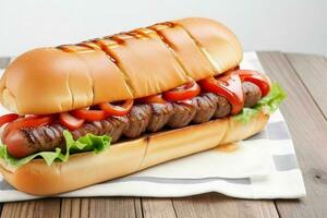 grelhado carne quente cachorro em pão. fundo. ai generativo pró foto