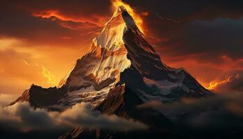 uma montanha com nuvens e fogo dentro a céu ai gerado foto