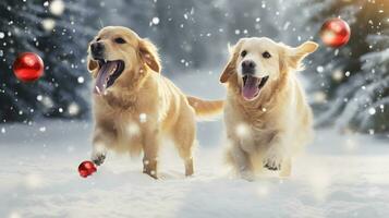 fofa cachorro jogando lado de fora dentro frio inverno neve campo com Natal decorações. foto