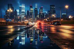 uma tiro do uma noite cidade com brilhando arranha-céus refletido em molhado asfalto. terra nível tomada. gerado de artificial inteligência foto