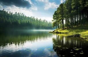 bonito natureza lago e floresta.ai gerado. foto