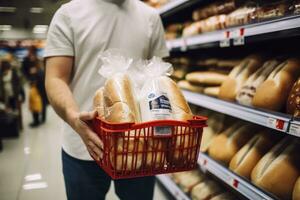 homem segurando compras cesta com pão e leite mercearias dentro supermercado. ai gerado foto