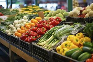 frutas e legumes às cidade mercado. ai gerado foto