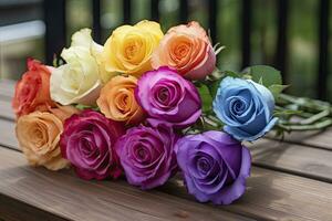 grupo do multi colori rosas em de madeira tábuas, feliz aniversário deitado em tábuas. ai gerado foto