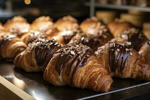 chocolate croissants dentro padaria. ai gerado. foto