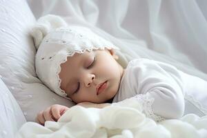 fofa pequeno bebê menina dormindo em uma branco cama. doce sonhos, recém-nascido bebê dormindo em uma branco cama, ai gerado foto