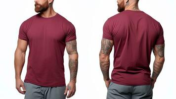 frente e costas Visão do uma homem com tatuagens vestindo uma Borgonha camiseta, masculino modelo vestindo uma marrom cor sólido camiseta em uma branco fundo, frente Visão e costas visualizar, topo seção cortado, ai gerado foto