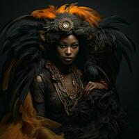 a africano mulher retrato com cocar e penas em Preto fundo , gerado de ai foto
