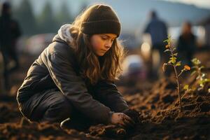 uma encaracolado menina plantas uma jovem árvore dentro a chão. pessoas plantar jovem árvores juntos Como uma global conceito do carinhoso para a ambiente.generativo ai foto