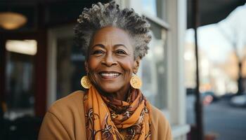 bonito idosos alegre africano americano Senior mulher desfrutando vida .generativo ai foto