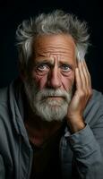 triste idosos grisalho homem segurando dele cabeça. emoções do fadiga e confusão. mental e fisica saúde. generativo ai foto